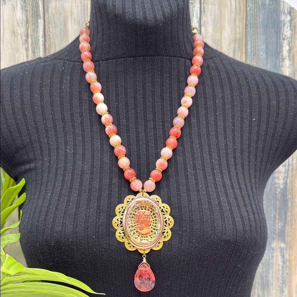 🌟Adorned Crown Jewelry assemblage Persian jade intaglio pink statement necklace